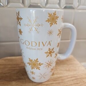 Godiva Belgium 1920 Stoneware‎ Coffee Mug White w/Gold Snowflakes 6" Tall